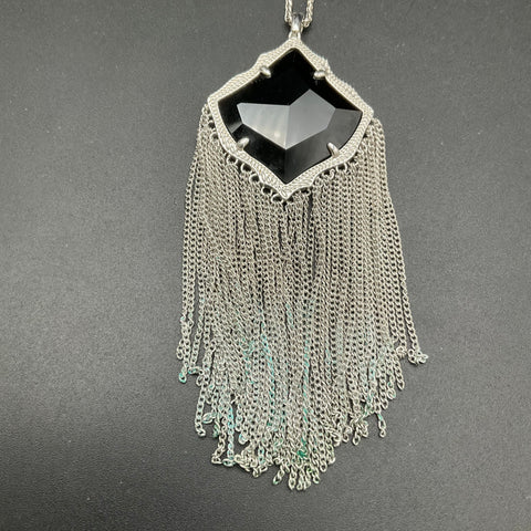 Kendra Scott Silver Tone Rayne Tassel Necklace Black Stone Long Adjustable