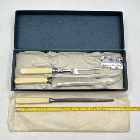 M Bernard Sheffield Carving Set 3pc Stainless Steel Faux Ivory Handle Vintage