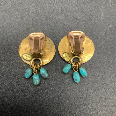 Vintage Marjorie Baer MB SF Gold Tone Turquoise Bead Clip On Dangle Earrings