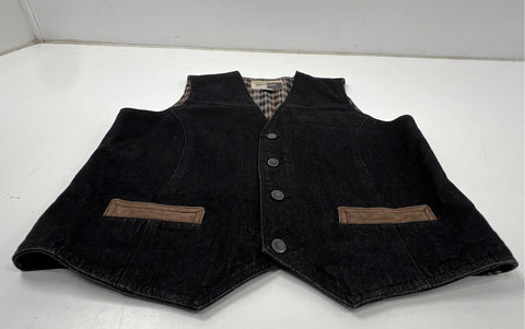 Vintage 90s Wrangler Plaid Lined Black Denim Cinch Back Vest Sz L