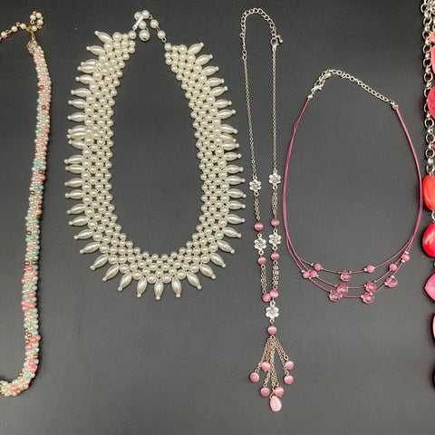 Vintage Style Costume Jewelry Lot of 8 Necklaces Faux Pearl Beaded Pink Red