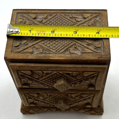 Vintage Hand Carved Wood Jewelry Trinket Box 2 Drawer Folk Art Ornate Chest