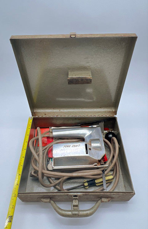 Vintage Powr-Kraft Electric Saber Saw Jigsaw Set with Metal Case & Blades