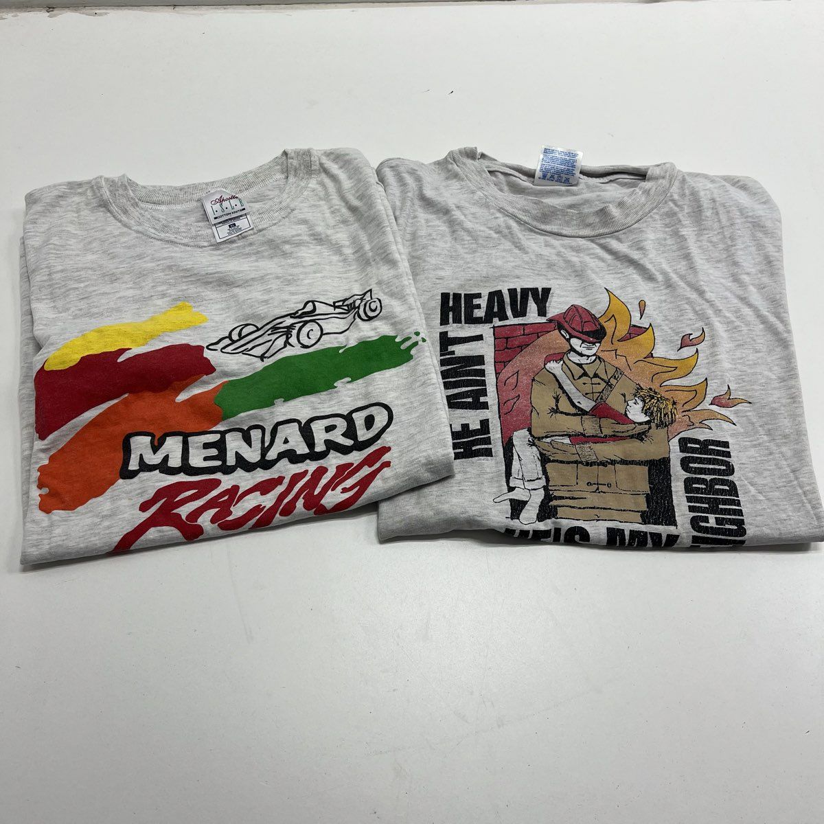 Men's Vintage Graphic Grey T-shirts Menard Racing Firefighter Lot of 2 Cotton XL