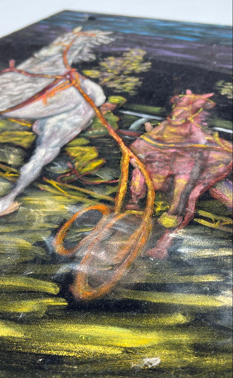 Signed 1956 Mid Century Oil on Velvet Painting Harness Racing Horses 20x24