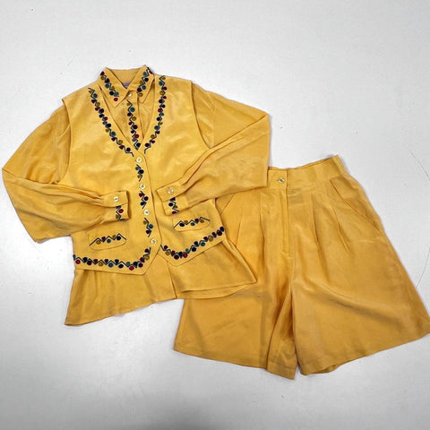 Vintage 80s Adam Douglass Adrianna Papell Silk 3 Pc Shorts Vest Blouse Set