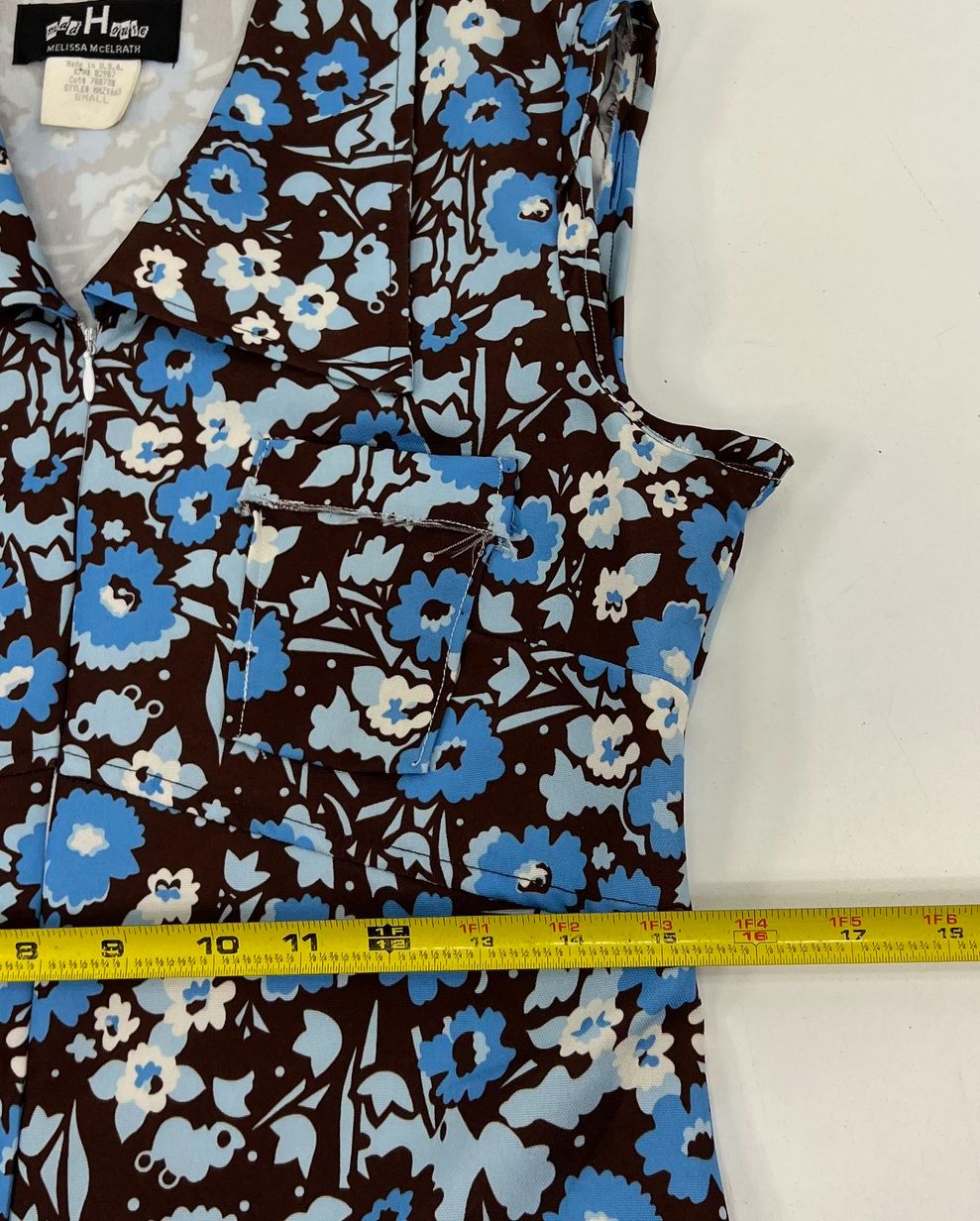 Vintage 90s Mad House Brown Blue Floral 60s Style A-Line Mini Dress Women's S