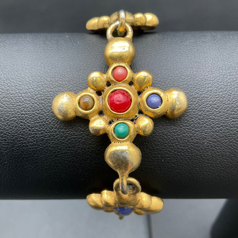 Vintage Etruscan Revival Brushed Gold Tone Multicolor Cabochon Bracelet 7"
