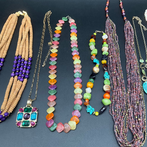 Statement Necklace Jewelry Lot 9pc Beaded Shell Enamel Wood Boho Vintage Style