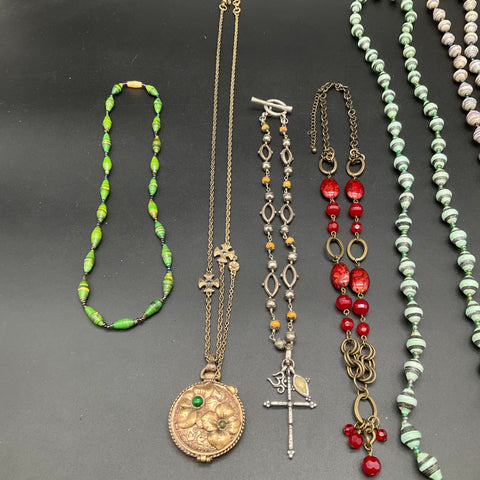 Vintage and Modern Costume Jewelry Lot of 8 Necklaces Paper Beads Tassel Pendant