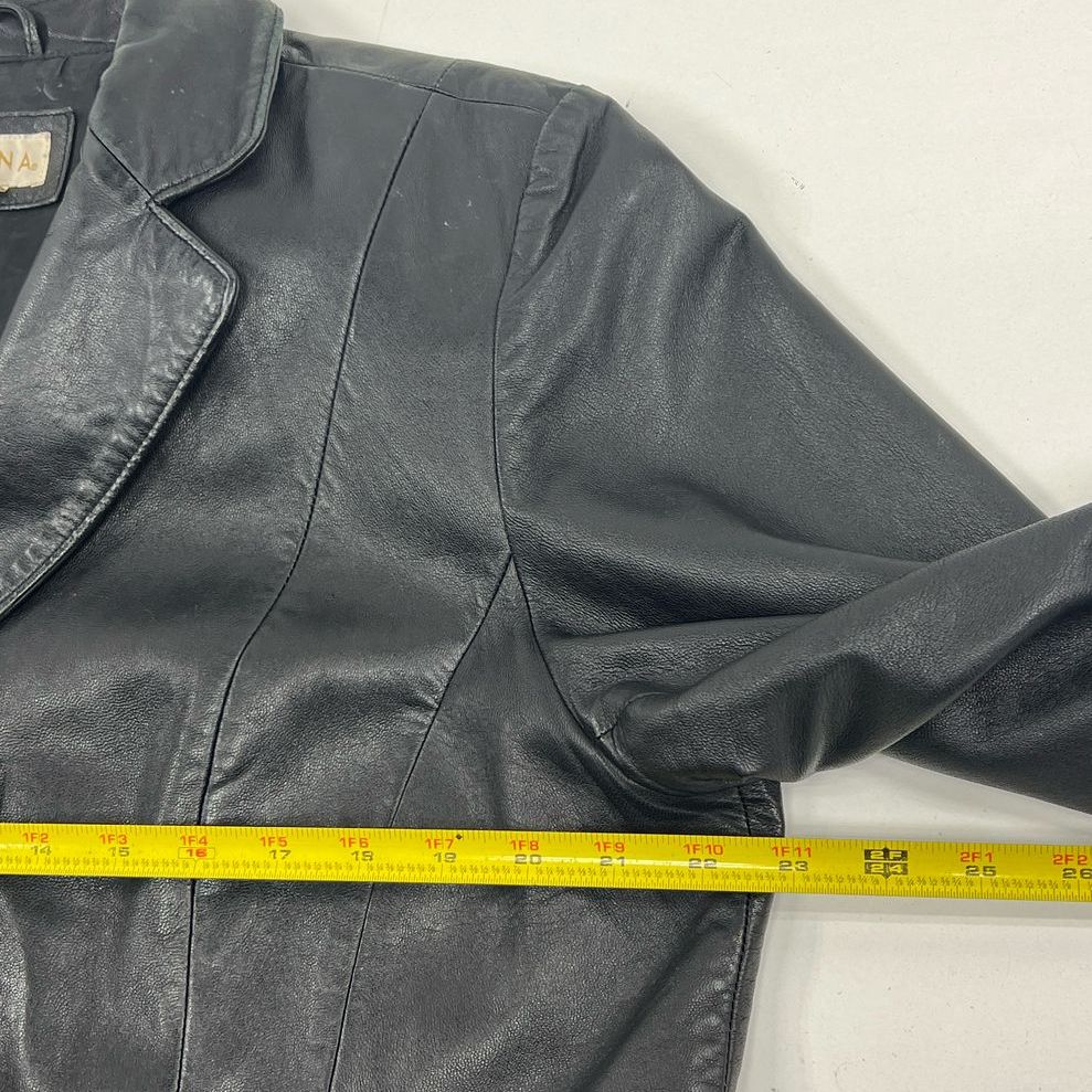 VTG Y2K Women's Merona Black Genuine Leather Coat Jacket Button Up - Size XL
