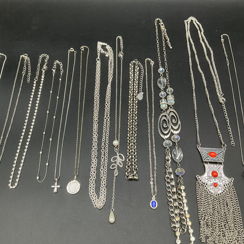 Fashion Costume Jewelry Lot 16 Necklaces Silver Tone Boho Tassel Heart Cross