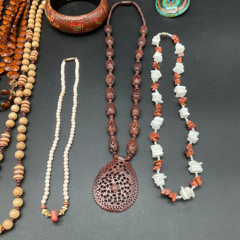Vintage to Modern Boho Ethnic Jewelry Lot 9pc Wooden Beaded Shell Necklaces
