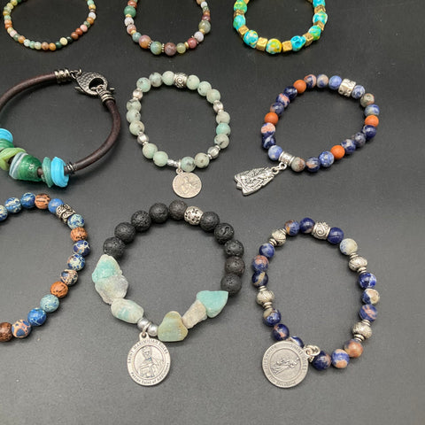 Religious Beaded Natural Stone Bracelet Lot of 19 Saint Medals Lava Rock Om