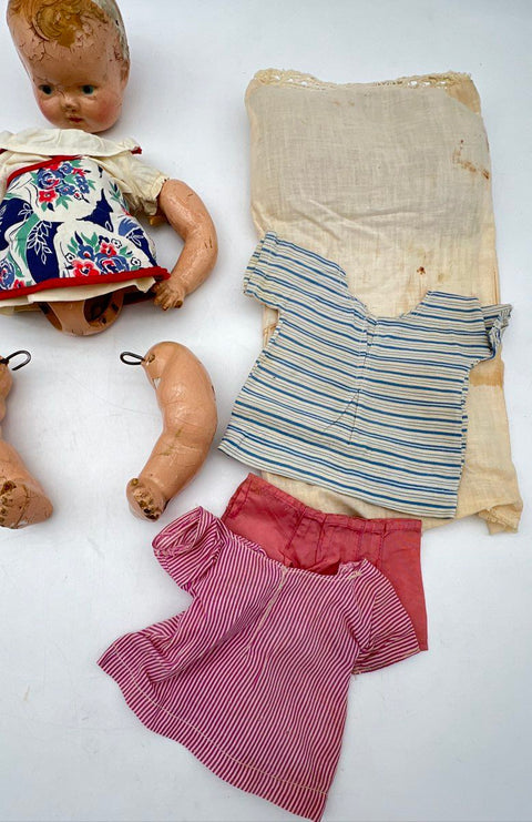 Antique Composition Baby Doll Lot For Repair Restoration With Vintage Clothes