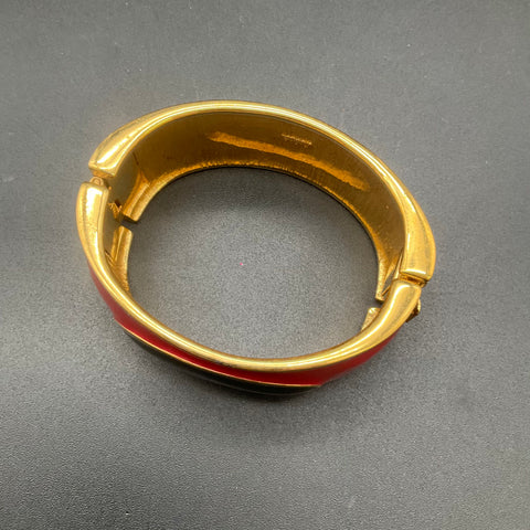 Vintage Monet Gold Tone Red Black Enamel Chunky Hinged Bangle Bracelet