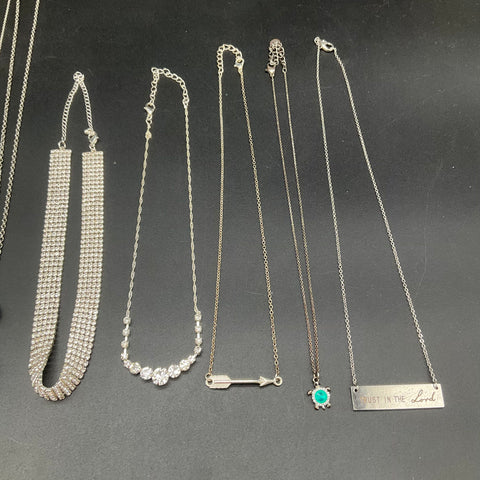 Silver Tone Fashion Jewelry Lot of 11 Necklaces Rhinestone Crystal Boho