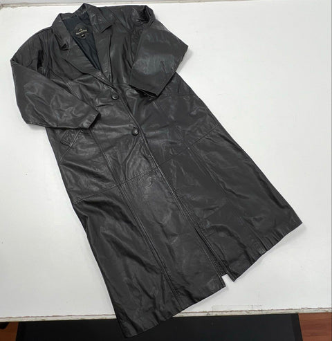Vintage 90s Bermans Black Leather Long Trench Duster Coat Made in Korea Sz M