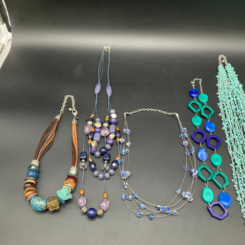 Vintage to Modern Costume Jewelry Lot 1 Lb Blue Teal Necklaces 7 Pcs Chico's
