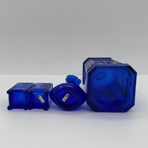 Cobalt Blue Glass Lot 4 Piece Decanter Perfume Bottle Salt Pepper Shakers