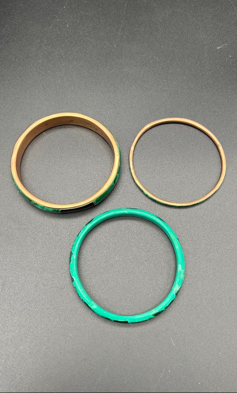 Lot of 3 Vintage Malachite Mother of Pearl Inlay Brass Tone Bangle Bracelets