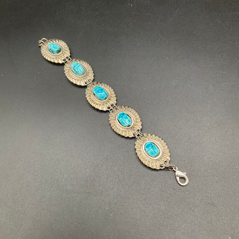 Vintage Egyptian Revival Blue Scarab Necklace and Bracelet Jewelry Set of 2