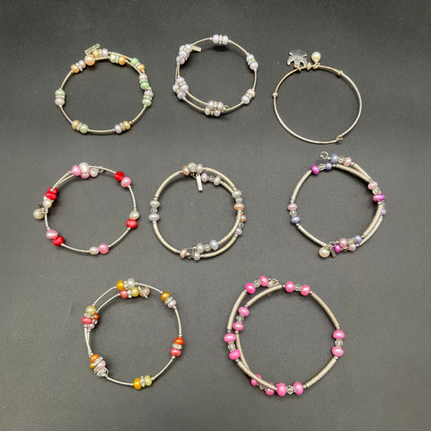 Vantel Pearls Silver Tone Pearl Crystal Bracelet Lot 8pc Beaded Wrap Bangle