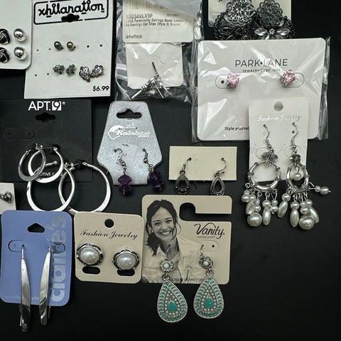 Mixed Costume Earrings Jewelry Lot 25+ Pairs Silver Tone Rhinestone Brands