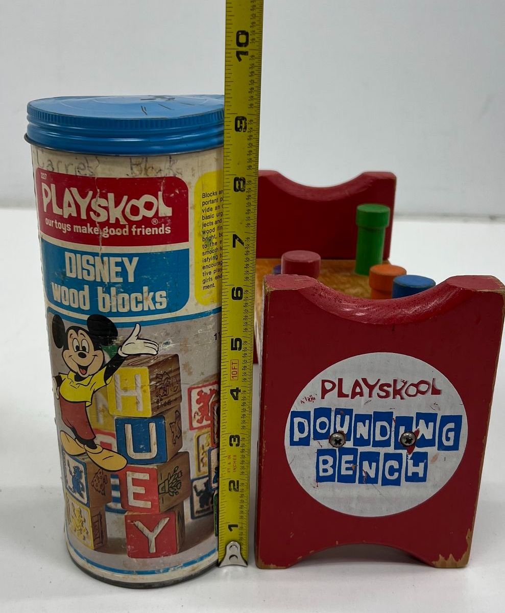 Vintage 1970s Playskool Toy Lot Pounding Bench & 1974 Disney Wood Blocks