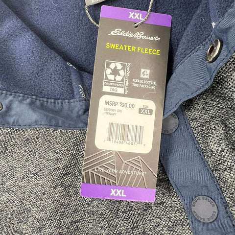 NWT Eddie Bauer Heather Navy Sweater Fleece Snap Neck Pullover Men's XXL