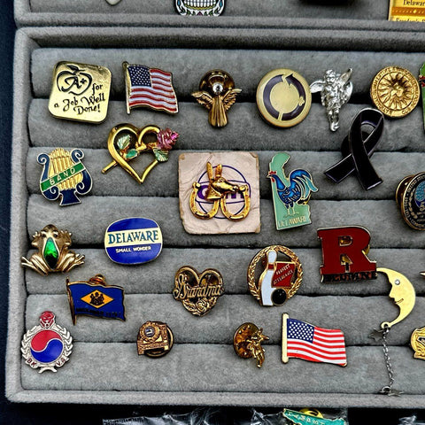 Vintage to Modern Mixed Costume Jewelry Lot 50+ Lapel Pins Brooches Enamel Flags