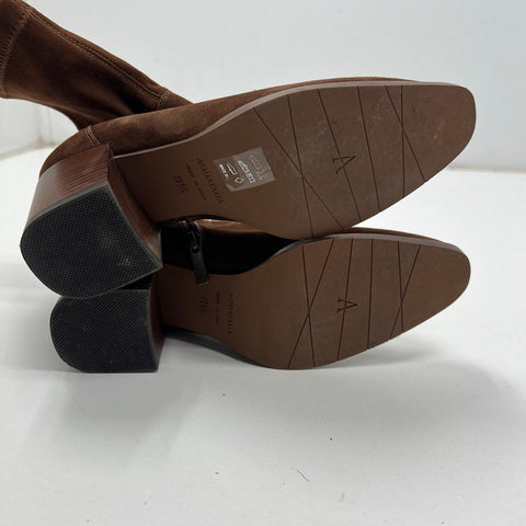 Aquatalia Faria Brown Suede Stretch Ankle Boots Block Heel Italy Size 8.5