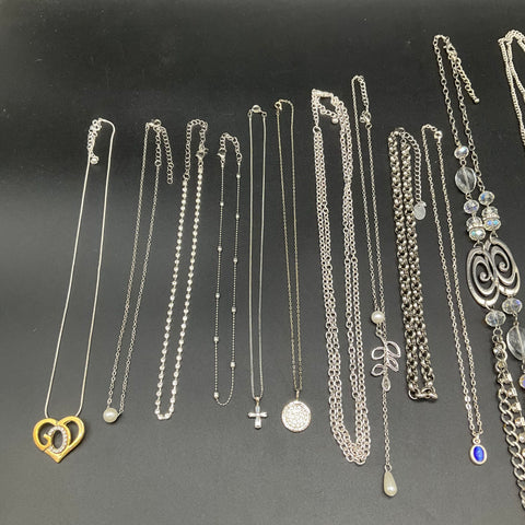 Fashion Costume Jewelry Lot 16 Necklaces Silver Tone Boho Tassel Heart Cross