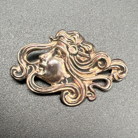 Vintage Art Nouveau Mucha Style Woman Sterling Silver Brooch Pin 2 Inch