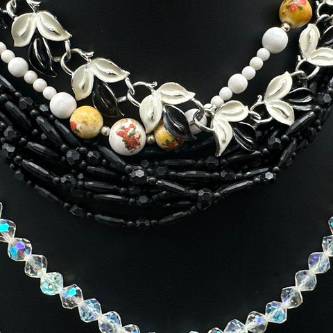 Vintage Costume Jewelry Lot 6 Necklaces Rhinestone Faux Pearl Beaded Mid-Century