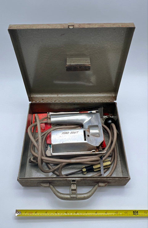 Vintage Powr-Kraft Electric Saber Saw Jigsaw Set with Metal Case & Blades