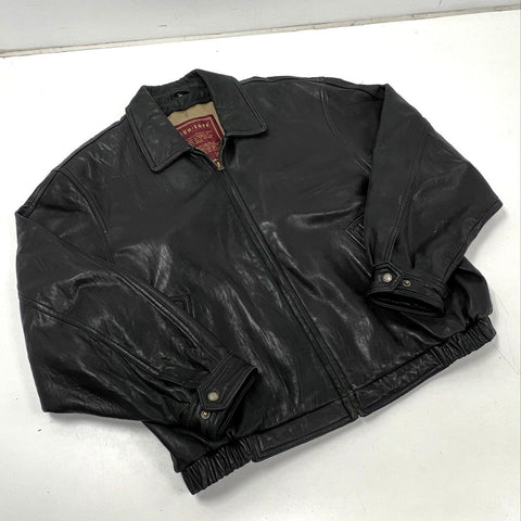 Vintage 90s Couture Genuine Black Leather Bomber Jacket Elastic Waist Sz XL