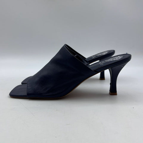Vince Camuto Amikala Navy Leather Square Toe Kitten Heel Mules Size 9.5