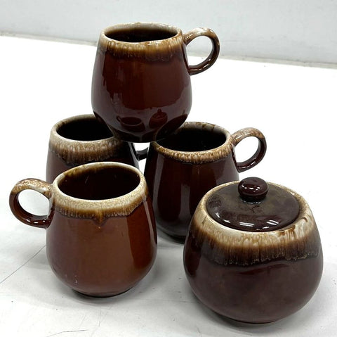 Vintage McCoy Brown Drip Glaze 5pc Mug & Sugar Bowl Set USA #7025 #7020