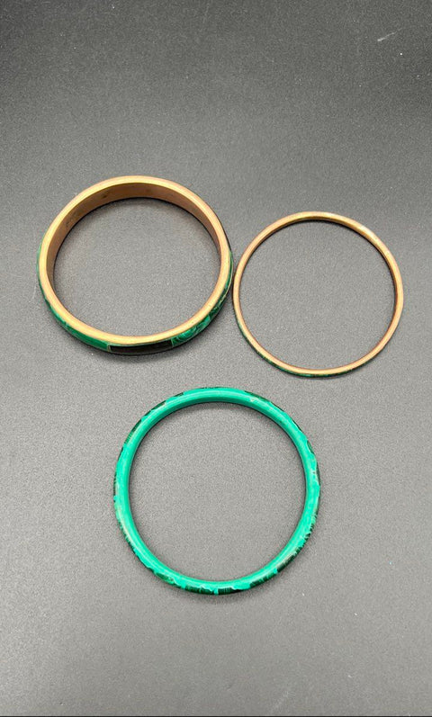 Lot of 3 Vintage Malachite Mother of Pearl Inlay Brass Tone Bangle Bracelets