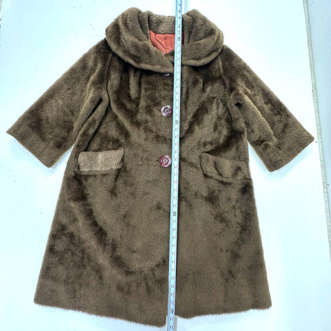 Vintage 60s Tudor City Malden Faux Fur Coat Wide Collar Union Made Brown Sz L