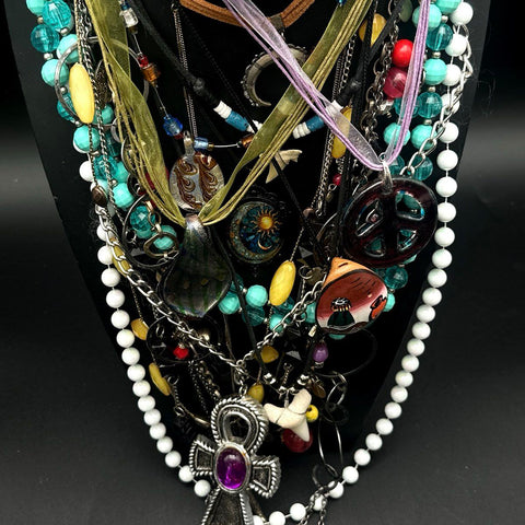 Mixed Fashion Necklace Lot Ankh Shark Tooth Peace Sign Celestial Beaded 20+ Pc