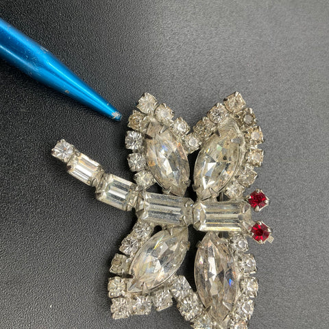 Vintage Weiss Dragonfly Brooch Pin Silver Tone Rhinestone Red Eyes 2"