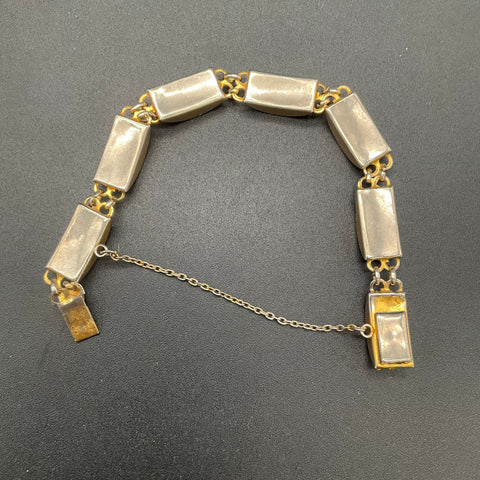 Vintage Damascene Panel Link Bracelet Bird & Flower Motif Gold Tone 6.75"