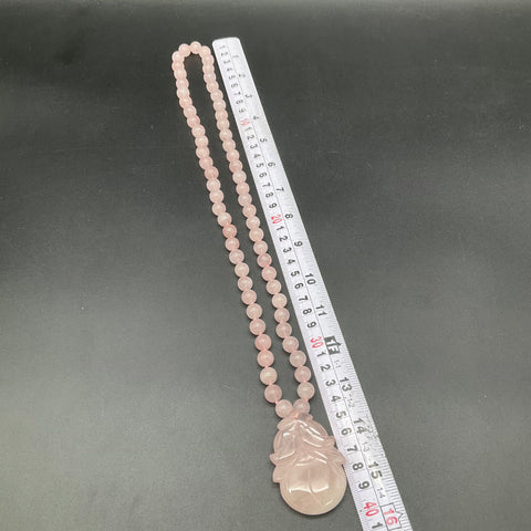 Rose Quartz Beaded Necklace with Carved Peach Fruit Pendant Pink Gemstone 15.5"
