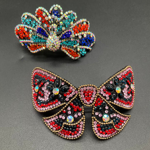 Vintage Style Rhinestone Hair Barrettes Lot of 2 Peacock and Bow Motifs