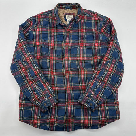 L.L. Bean Men's Sherpa Lined Scotch Plaid Flannel Shirt Jacket Blue Red Sz L