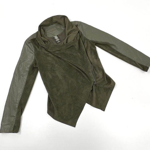 [BLANKNYC] Women's Olive Mixed Media Asymmetrical Zip Jacket Draped Cowl Sz S
