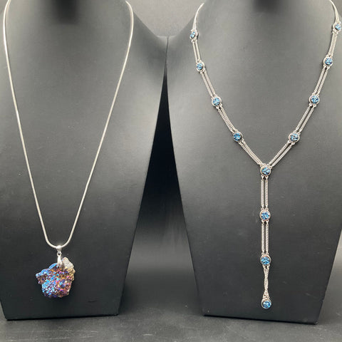 Park Lane Jewelry Lot of 2 Necklaces Blue Rhinestone Y Lariat & Druzy Pendant