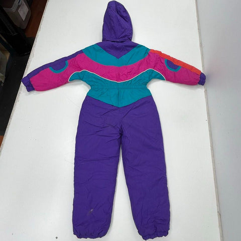 Moves Kids Vintage 90s One Piece Snowsuit Purple Multicolor Hooded Size M 10-12